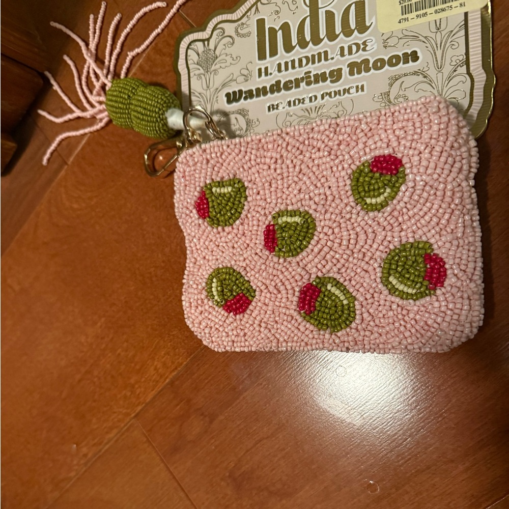 Handmade Beaded Pouch with Pink and Green Design